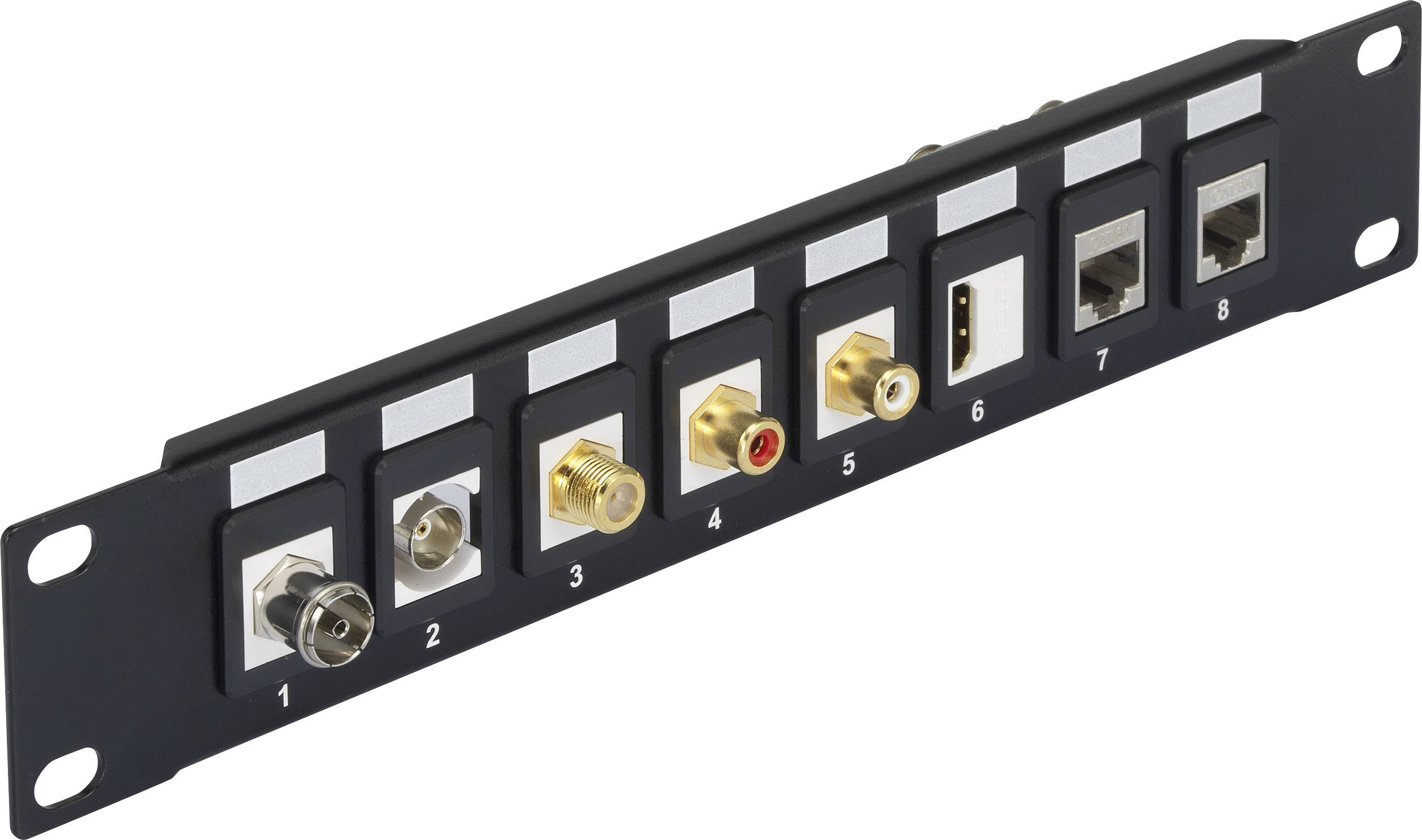 'Panneau d'équipement avec huit connexions : Coaxial, connecteur F, bornes banane, RCA et deux ports RJ45, numérotés de 1 à 8.'