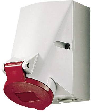 Un connecteur électrique rouge et blanc fixé à un mur, adapté pour des applications industrielles.