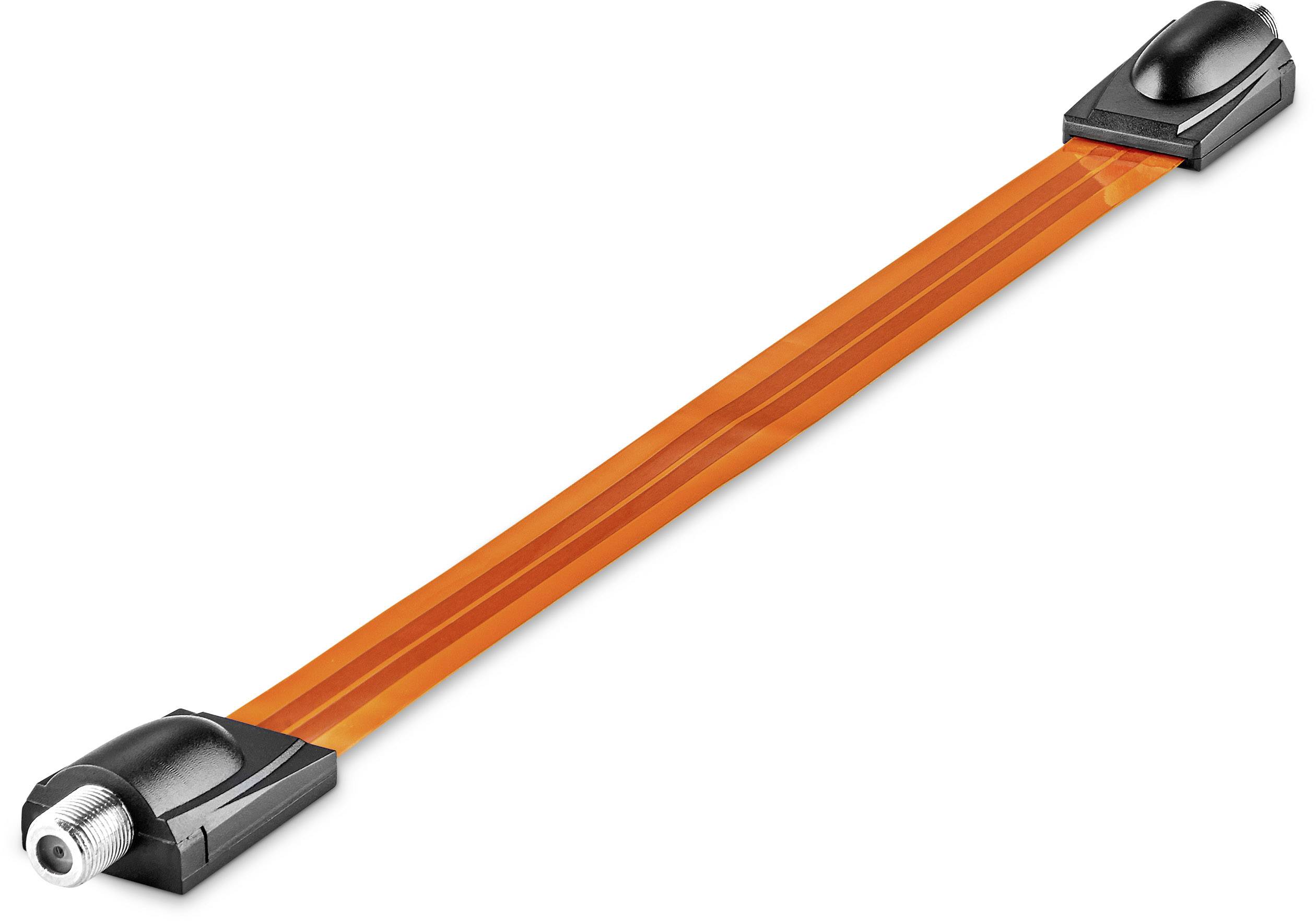 Un câble de connexion orange, flexible, avec deux fiches noires à ses extrémités.