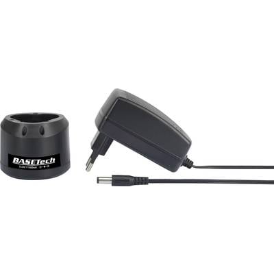 Un chargeur noir avec une fiche européenne et un support de batterie séparé de BASetech. Adapté pour 11,5V/1000mA.