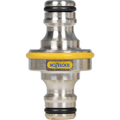 Connecteur de tuyau métallique avec anneau en caoutchouc jaune et logo 'Hozelock' en bleu. Utilisé pour raccorder solidement des tuyaux d'arrosage de jardin.