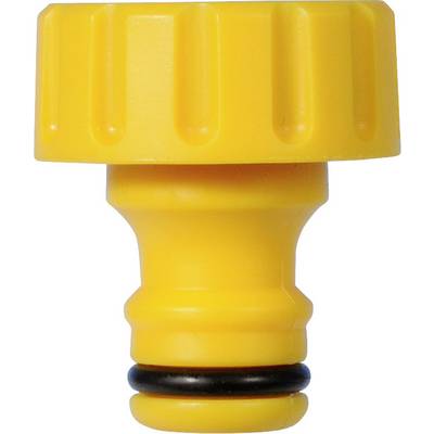 Adaptateur de tuyau jaune en plastique avec joint noir d'étanchéité, adapté pour le raccordement de tuyaux d'arrosage.