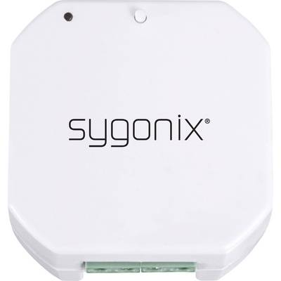 Un interrupteur domotique blanc, carré, aux coins arrondis, portant le logo 'sygonix'.