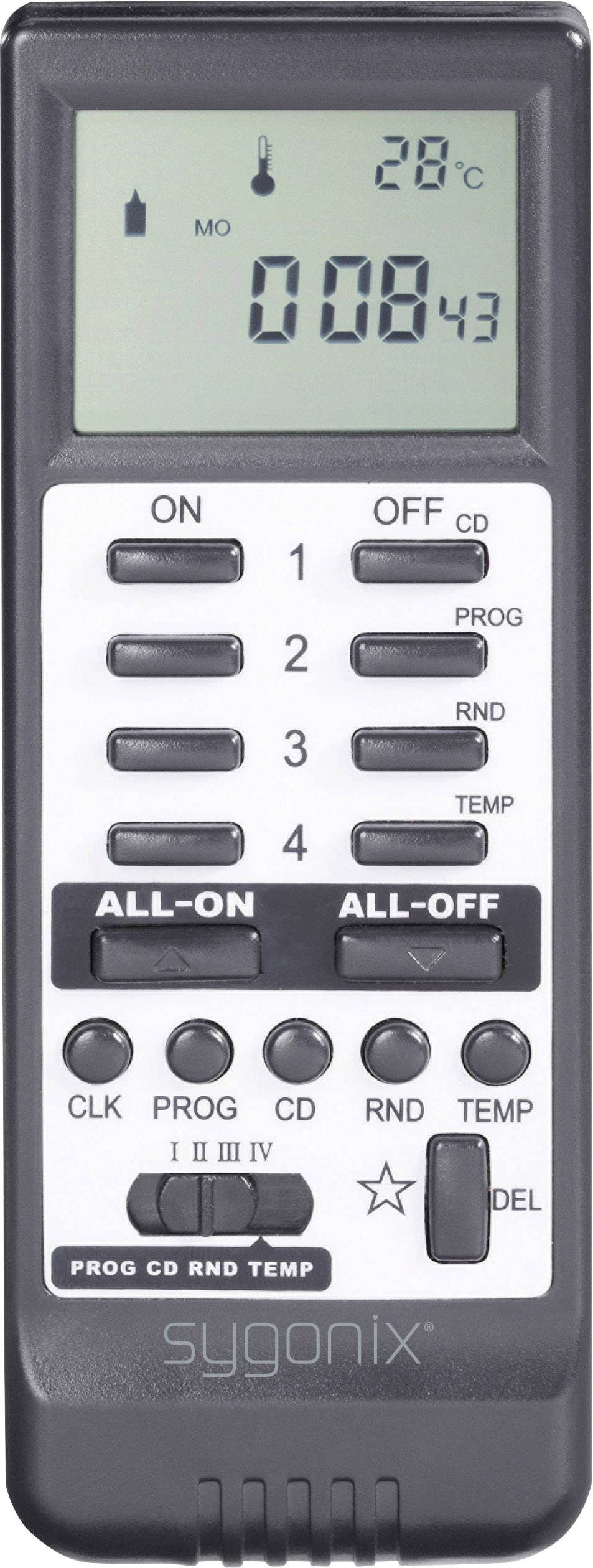 Horloge numérique programmable avec affichage LCD, touches ON, OFF, PROG. Fonctions ALL-ON, ALL-OFF, affichage de la température.