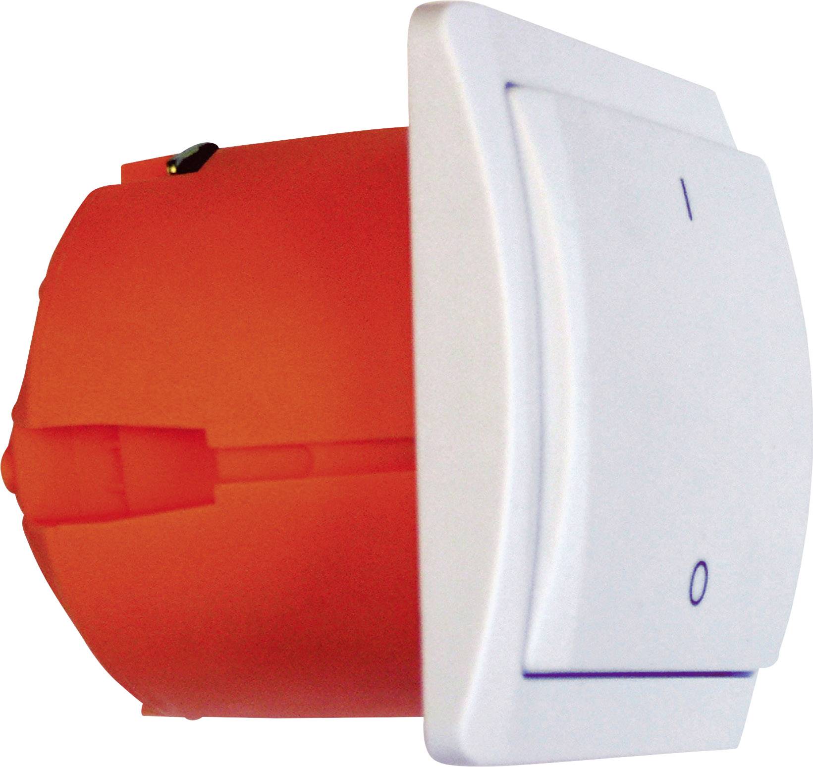 Interrupteur électrique orange avec un couvercle à bascule blanc, étiqueté avec les positions « I » (marche) et « O » (arrêt).