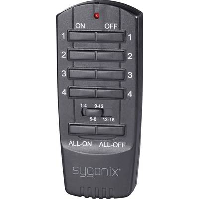 Télécommande pour le contrôle d'appareils électriques, équipée de huit touches numérotées et d'options 'TOUT ALLUMÉ' et 'TOUT ÉTEINT'. Marque : Sygonix.
