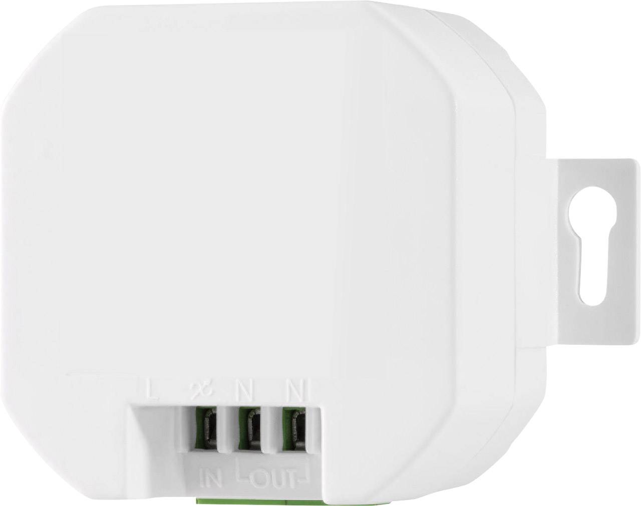 Un appareil électronique blanc rectangulaire avec des connexions en bas et une possibilité de montage à droite.