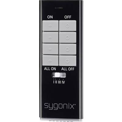 Une télécommande noire avec l'inscription de marque 'sygonix'. En haut, deux touches 'ON' et 'OFF'. En dessous, huit touches de fonction numérotées. En bas, un interrupteur 'ALL ON' et 'ALL OFF'.