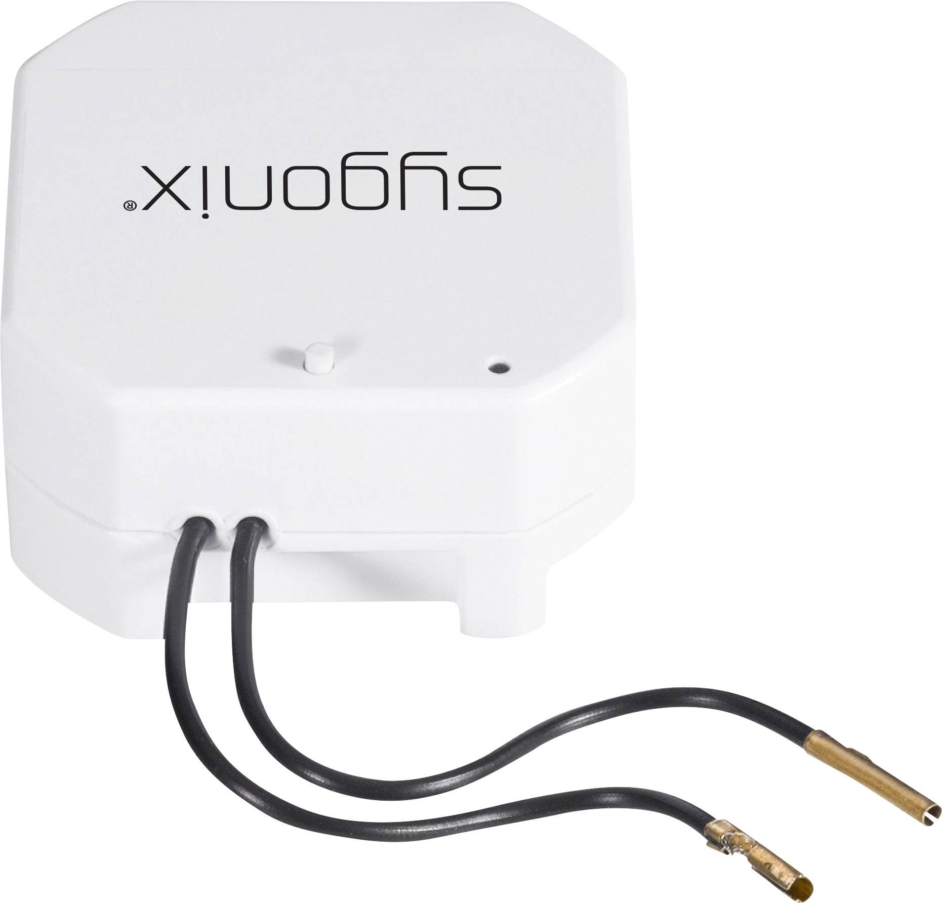 Un appareil électrique blanc de sygonix avec deux câbles noirs, dont l'un possède une connexion en cuivre, sur un fond blanc.