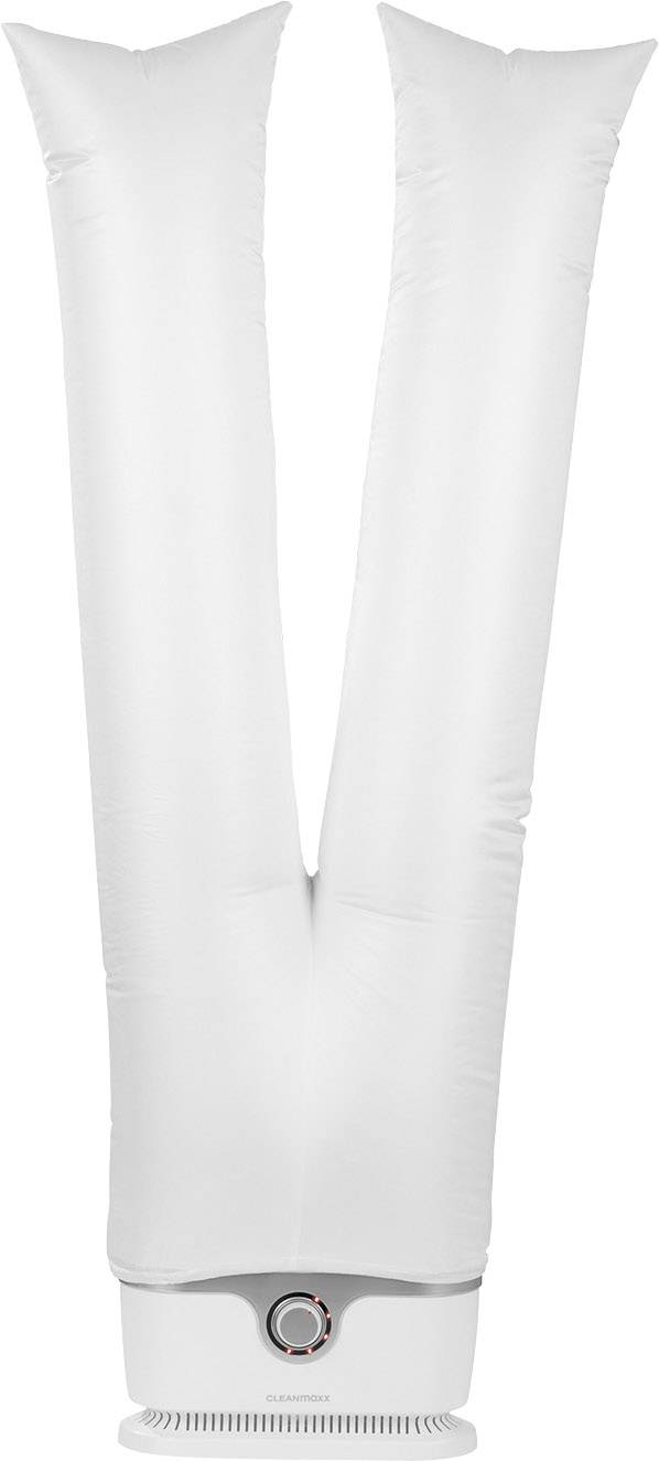 Un sèche-bottes blanc avec deux longs tubes qui soufflent de l'air chaud. En bas se trouve un bouton de commande pour régler la température.