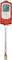 Appareil portatif avec écran affichant des valeurs de mesure. Boîtier rouge, sonde argentée, utilisé pour la mesure de température. Affichage numérique actif.