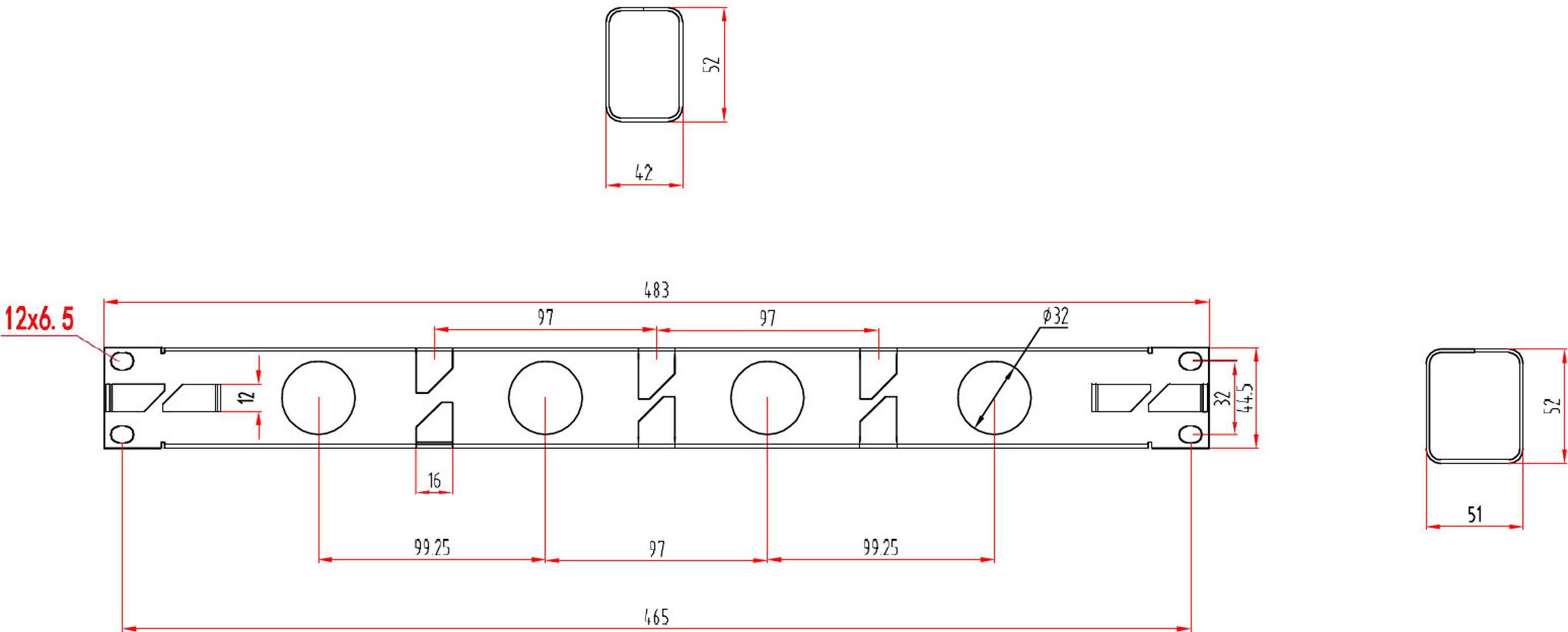Dessin technique d'un profilé métallique avec plusieurs découpes rondes et rectangulaires ; dimensions indiquées en millimètres.