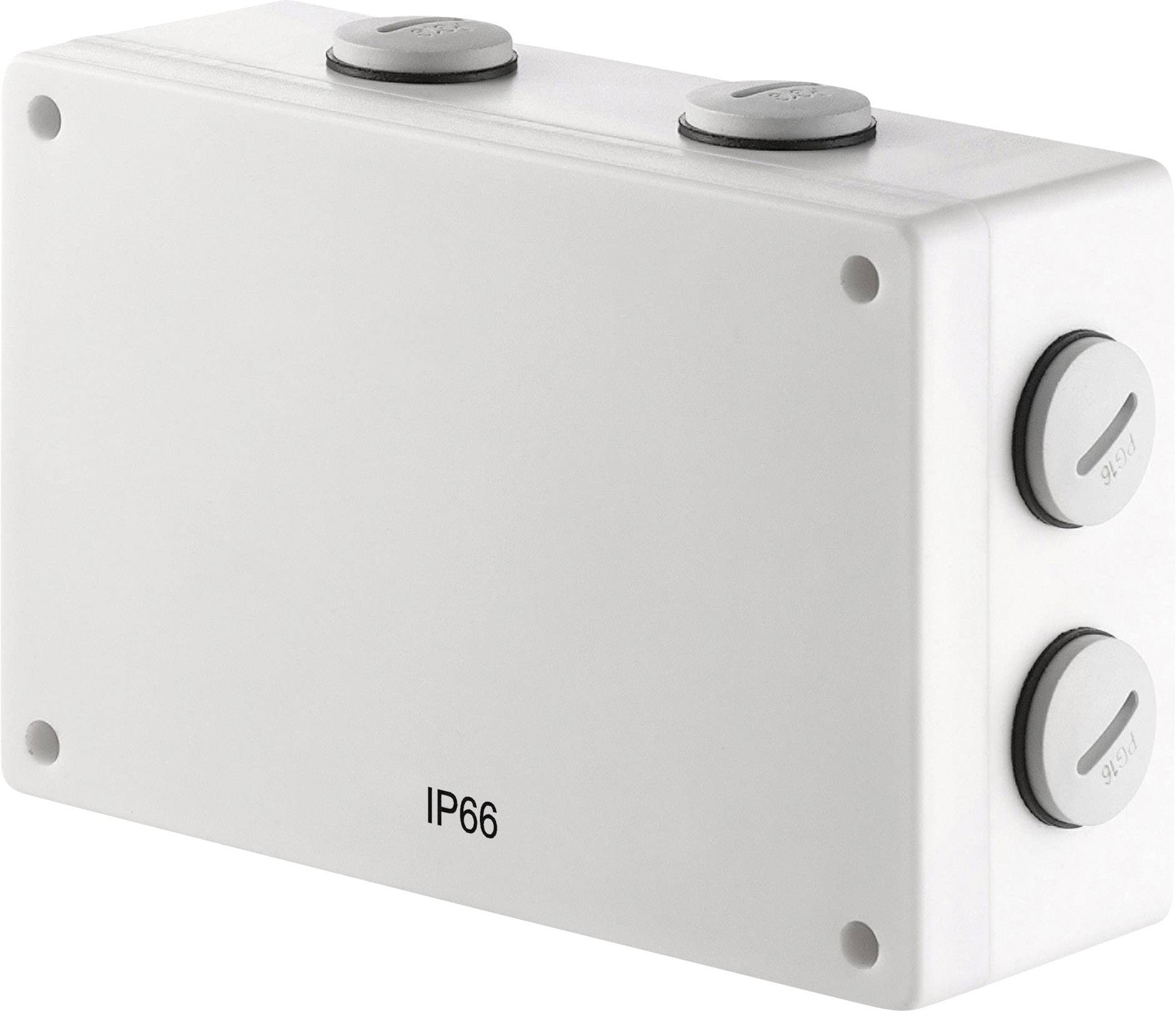 Boîte de raccordement blanche avec protection IP66, adaptée aux locaux humides. Presse-étoupes sur les côtés pour l'entrée de câbles.