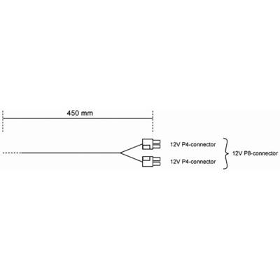 Diagramme d'un câble avec deux connecteurs '12V P4' acheminant vers un connecteur '12V P8'. La longueur totale du câble est de 450 mm.