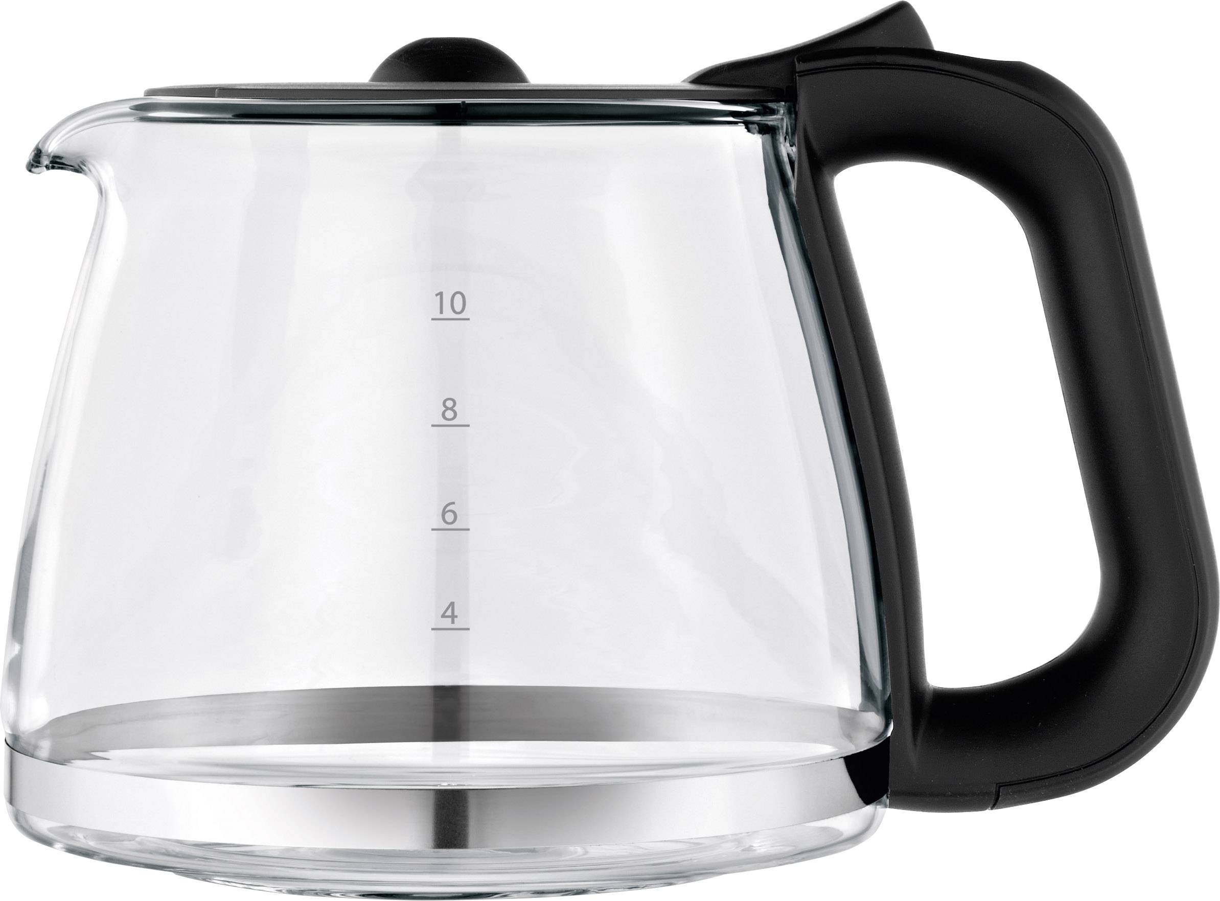 Cafetière en verre avec poignée noire, échelle transparente sur le côté indiquant des graduations de 4 à 10 tasses.