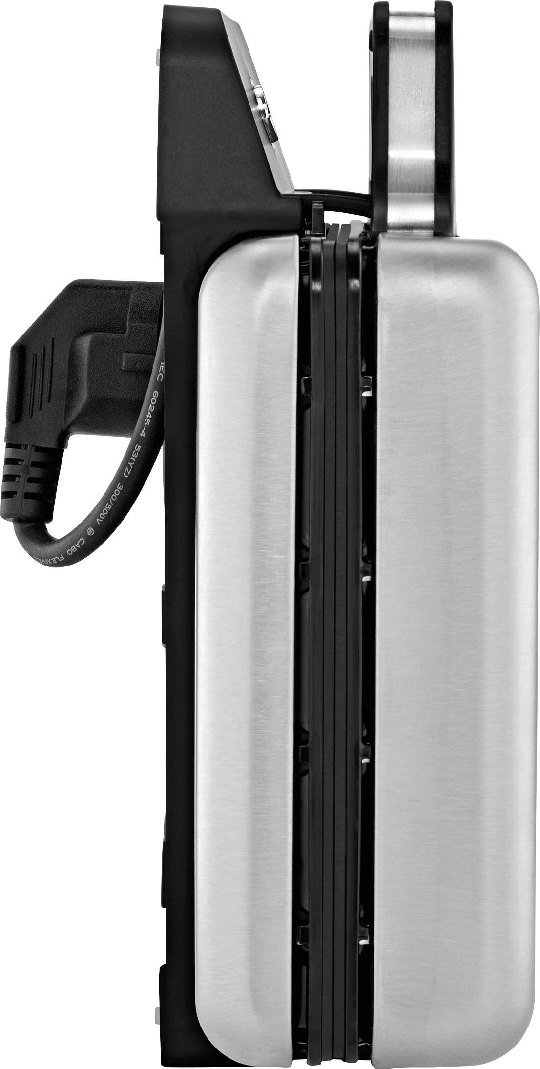 Un grille-pain argenté étroit avec des touches noires et un câble d'alimentation sur le côté. Vue de dessus montrant des fentes de pain parallèles.