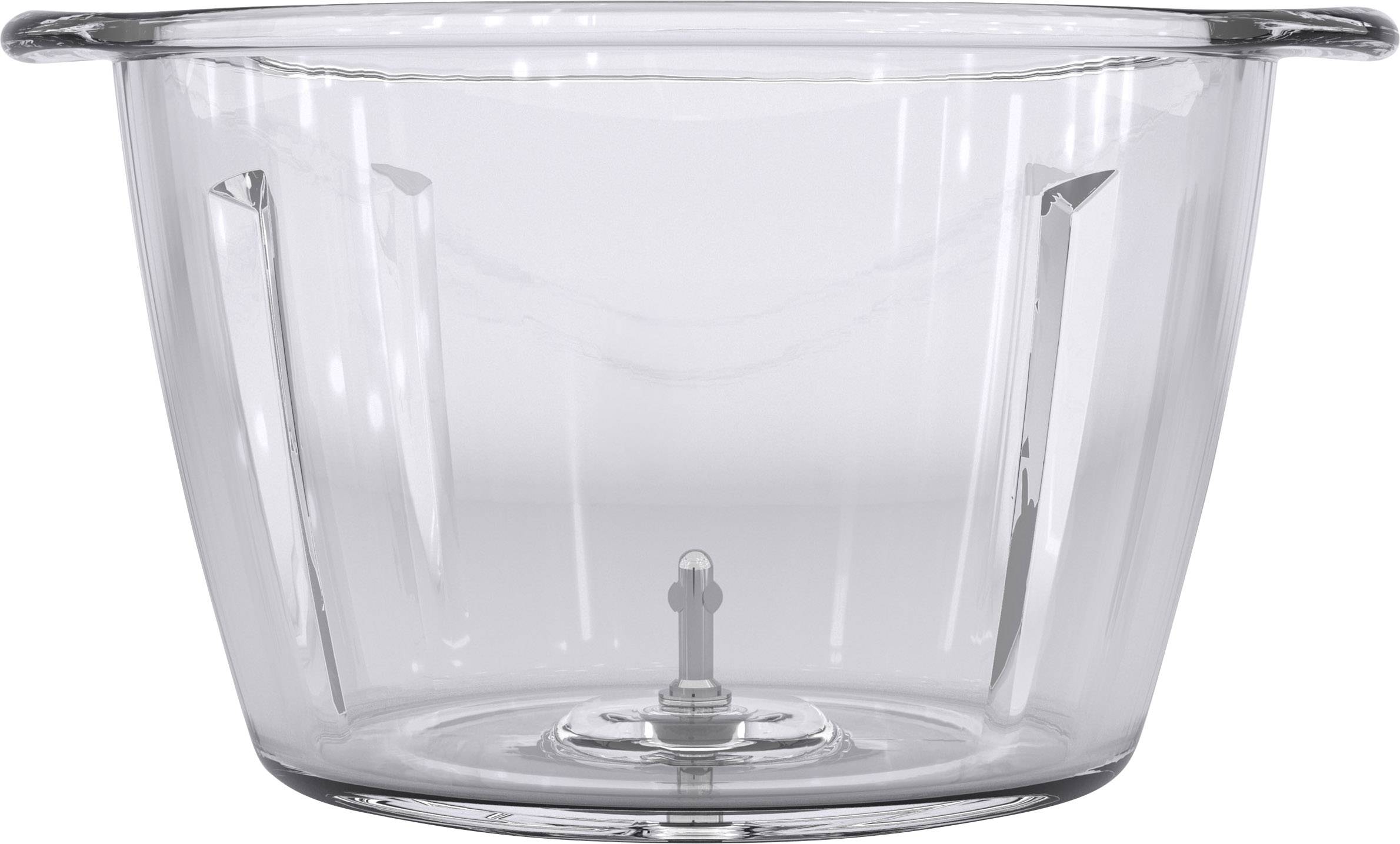 Un bol transparent aux parois latérales lisses et droites, avec un petit élément de fixation central au fond.