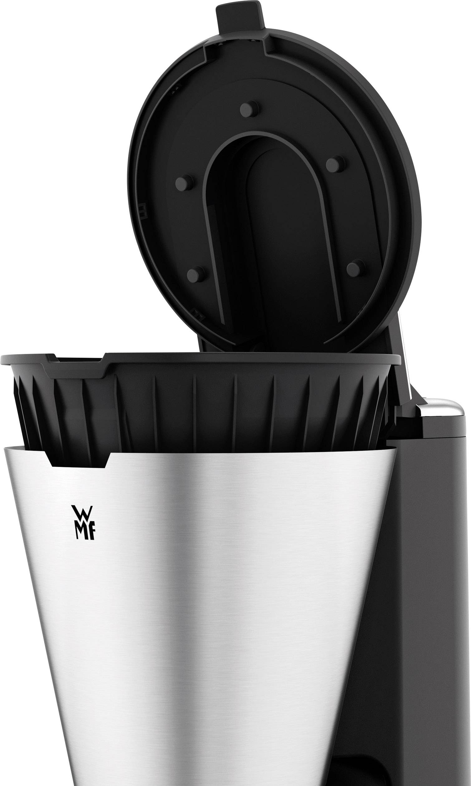 Un récipient de cafetière à filtre électrique ouvert en acier inoxydable avec un couvercle noir, prêt à être rempli de filtre à café.
