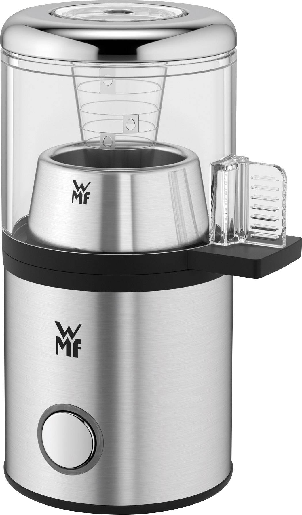 Moulin à café électrique en acier inoxydable avec réservoir à grains transparent et logo WMF. Parfait pour un café fraîchement moulu.