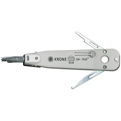 Un outil de pose Krone LSA-Plus blanc avec lame pliante et crochet de traction, couramment utilisé dans les techniques de télécommunication.