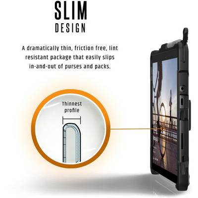 'DESIGN SLIM' : Housse fine, glissante et sans peluches, qui se glisse facilement dans les poches. L'image montre un profil latéral élégant et légèrement profilé.