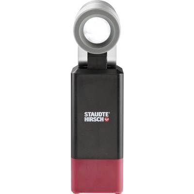 Une loupe noire avec un pied rouge, portant l'inscription 'Staudte Hirsch' sur la face avant.
