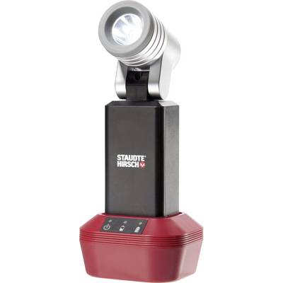 Une lampe de travail à LED noire et rouge portant l'inscription 'Staudte Hirsch' est allumée et brille.