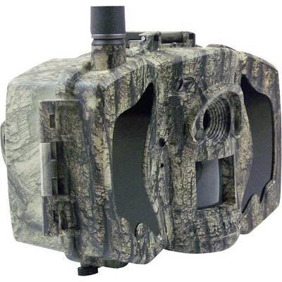 Caméra de chasse camouflée avec objectif et capteur de mouvement, adaptée à la surveillance des animaux dans leurs environnements naturels.