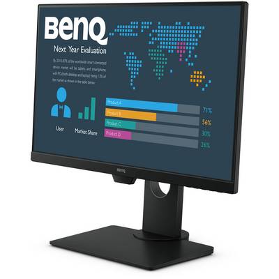 Un moniteur affiche un graphique intitulé 'Évaluation BenQ pour l'année prochaine'. Diagramme à barres des parts de marché : Produit A 71%, Produit B 56%, Produit C 30%, Produit D 26%. Carte du monde en arrière-plan.