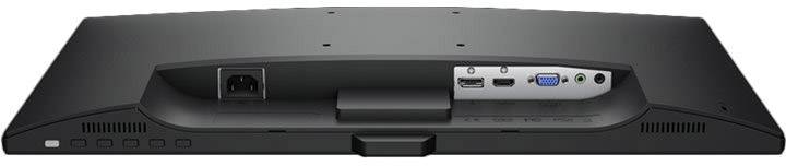 Vue arrière d'un moniteur avec différentes connexions : alimentation électrique, HDMI, DisplayPort, VGA et audio, adapté à de multiples possibilités de raccordement.