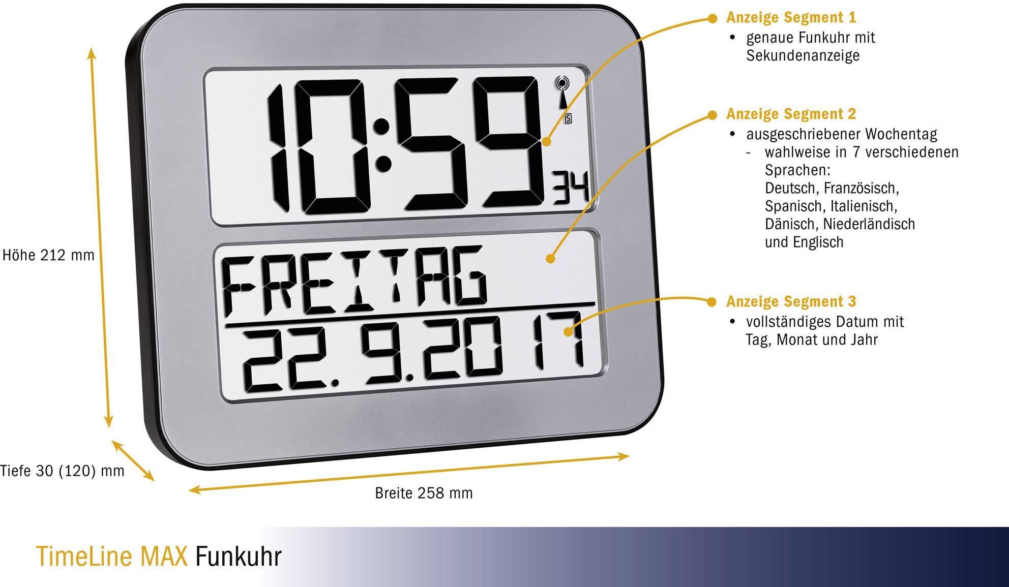 Horloge numérique radio-pilotée avec grand affichage, indiquant l'heure, le jour de la semaine et la date. Texte disponible dans différentes langues. Dimensions : 258x212x30 mm.