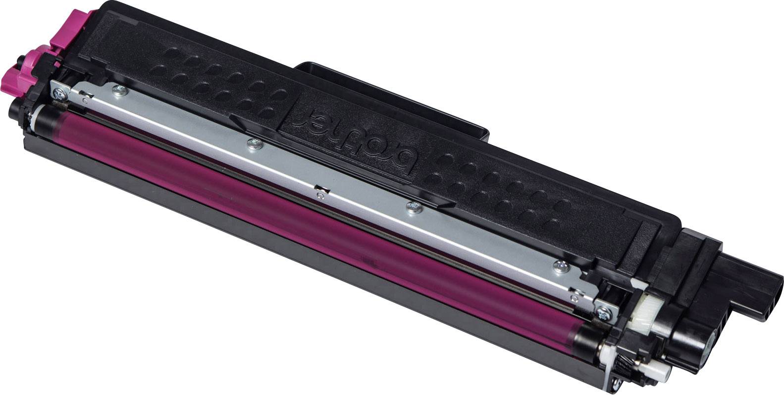 Cartouche de toner magenta sur fond blanc.
