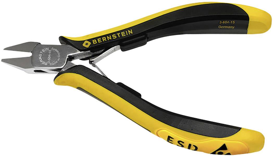 Pince coupante avec manche jaune et noir. La lame porte le logo et l'inscription 'Bernstein'. Adaptée pour une coupe précise.