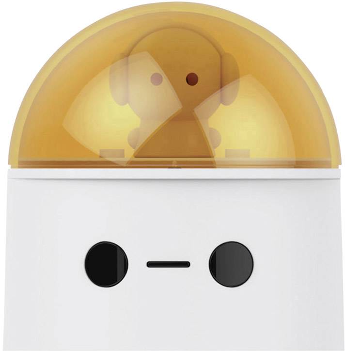 Un petit cube blanc robotique avec deux points noirs comme yeux et une bouche plate. Une coupole orange est située au-dessus.