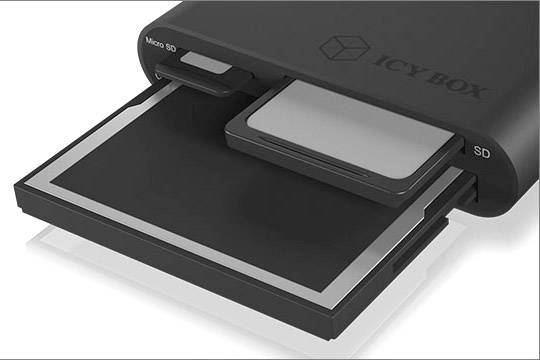 Station de disque dur externe avec support de stockage inséré et carte SD. Logo du fournisseur visible sur le dessus.