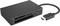 Un lecteur de cartes noir avec port USB-C présente des emplacements pour cartes SD, microSD et CF. Un petit voyant bleu est allumé.