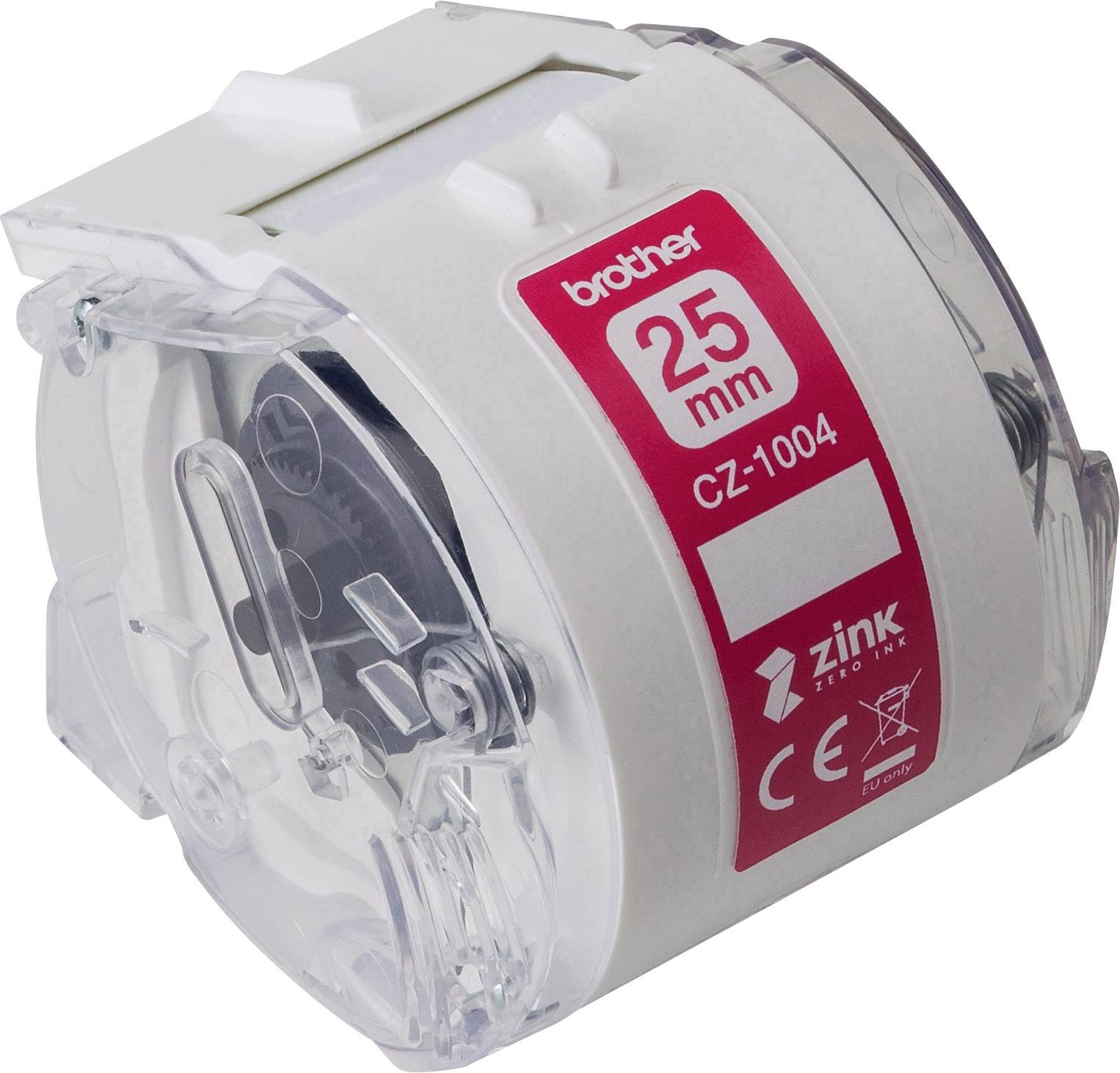 Rouleau d'étiquettes de Brother, modèle CZ-1004, d'une largeur de 25 mm. Le produit est compatible avec la technologie d'impression Zink Zero-Ink.