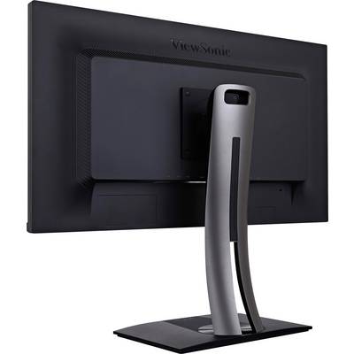Vue arrière d'un moniteur noir avec un socle incurvé argenté posé sur une table.