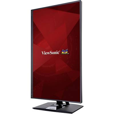 Un moniteur LED inclinable de ViewSonic en orientation verticale avec un arrière-plan d'écran rouge et un logo coloré.