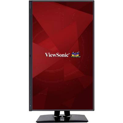 Un moniteur d'ordinateur vertical de la marque ViewSonic avec un arrière-plan géométrique rouge et le logo ViewSonic au centre.