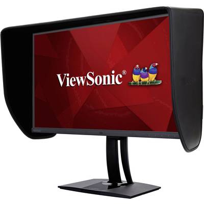 Moniteur avec des pare-vue, affichant l'écran rouge 'ViewSonic' avec trois oiseaux colorés, optimal pour le traitement professionnel d'images.