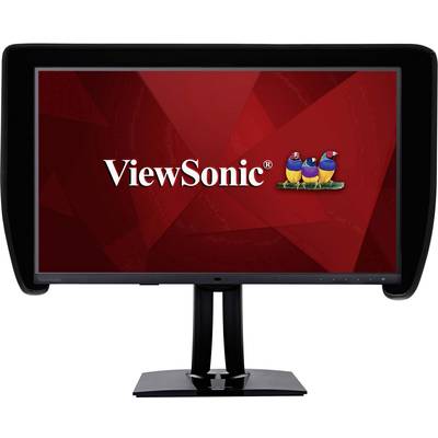 Un écran d'ordinateur avec un fond rouge affiche le logo 'ViewSonic' avec trois oiseaux colorés à côté sur la droite.