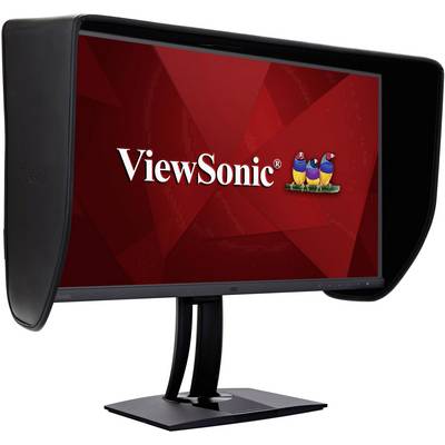 L'écran représenté affiche le logo de ViewSonic sur un fond rouge et dispose de protections latérales anti-reflet.