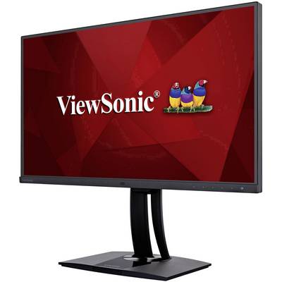 Un moniteur portant l'inscription 'ViewSonic' et trois oiseaux colorés sur un fond rouge.