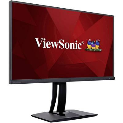 Un écran d'ordinateur noir portant l'inscription 'ViewSonic' et des logos d'oiseaux colorés sur un fond à motifs rouges.