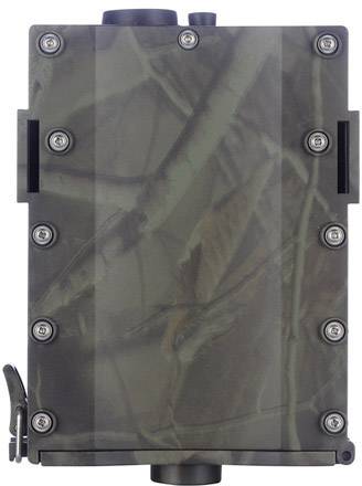 Une caméra de chasse camouflée avec plusieurs vis visibles, adaptée pour l'observation de la nature.