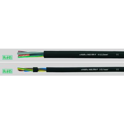 Deux câbles électriques avec marquage RoHS. Câble supérieur : « H05 RR-F 4G 2,5mm² ». Câble inférieur : « H05 RR-F 3G 1mm² ».