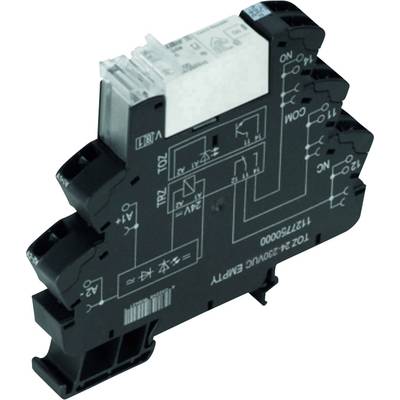 Un composant électronique noir, probablement un module de relais, avec une zone de connexion blanche en haut et des diagrammes techniques sur sa surface.