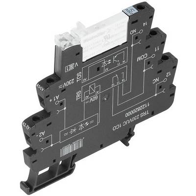 Module relais Weidmüller, platine de relais noir avec des schémas électriques et du texte en blanc, montrant les connexions électriques et les directions du courant.