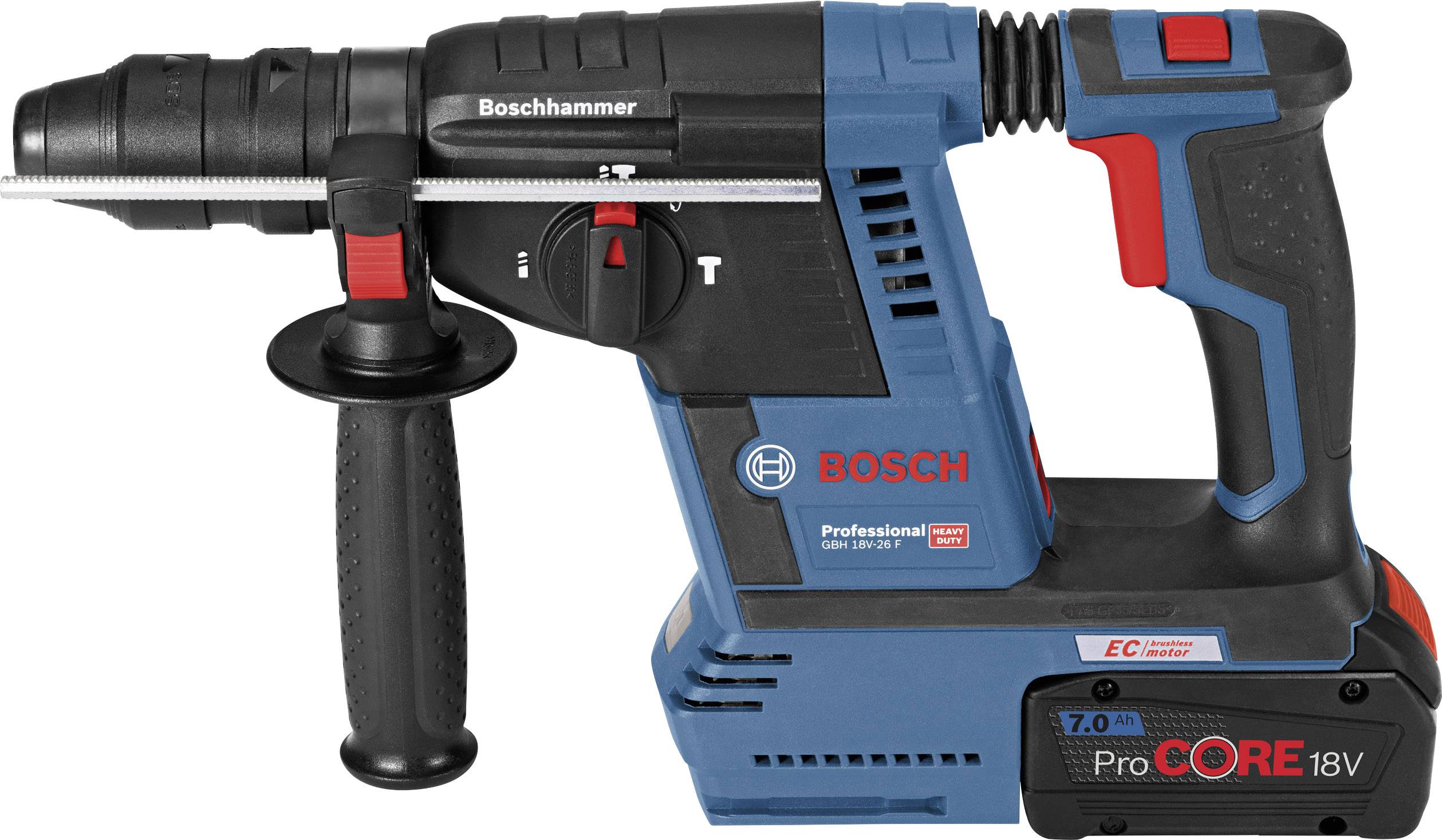 Un marteau perforateur électrique bleu et noir à batterie, avec poignée et logo Bosch sur le côté, adapté aux travaux de perçage intensifs.